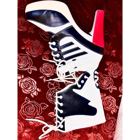 Long knee high tie/strap-up boot high heels - red & black size 7.5 - Picture 7 of 8